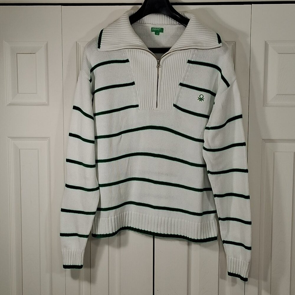 United Colors Of Benetton White Sweater with Green Stripes
